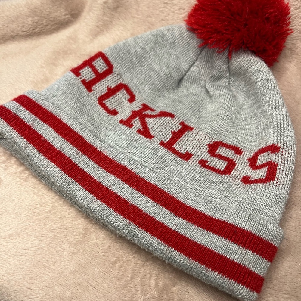 Young & Reckless “RCKLSS” Gray and Red Beanie Hat w/ PomPom